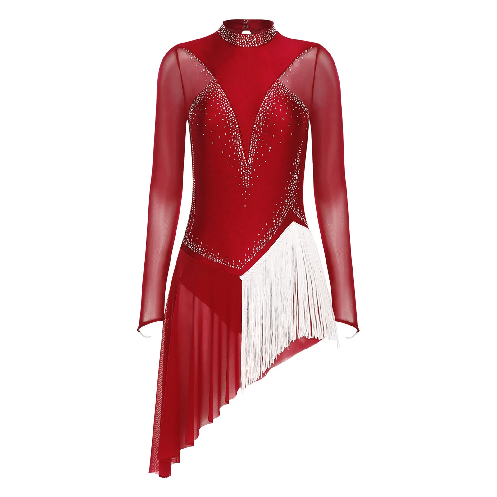 Womens Adult Lyrical Contemporary Dance Dress Sparkly Rhinestone Figure Ice Skating Dress Long Sleeve Fringe Ballerina Costumes