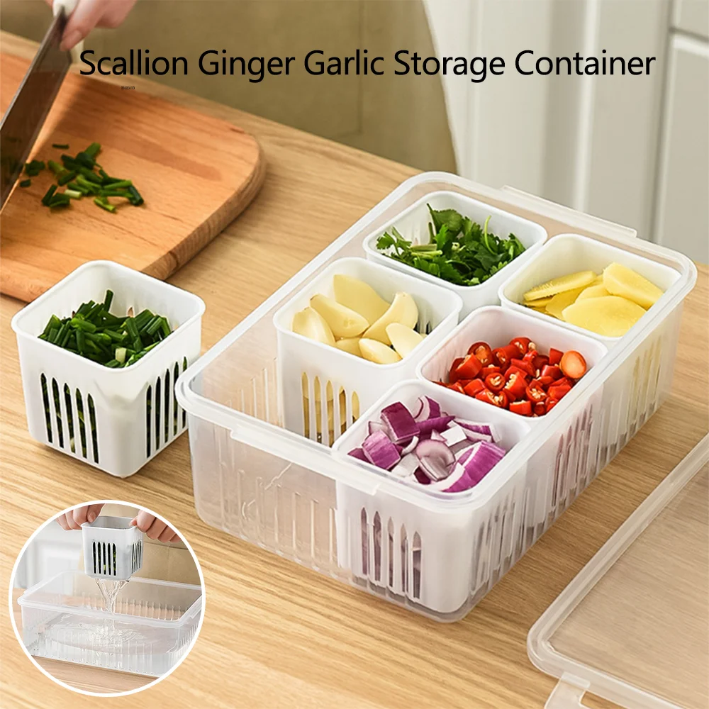 

Refrigerator Storage Box 4/6 Grid Food Vegetable Fruit Storage Box Fridge Organizer Drain Basket Meat Onion Ginger Clear Crispe