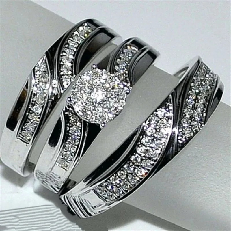 Luxuriöses, mit weißen CZ-Steinen besetztes Damen-Ringset, funkelnde silberfarbene Geometrie, für den täglichen Gebrauch, Party-Schmuck, Jubiläumsgeschenk