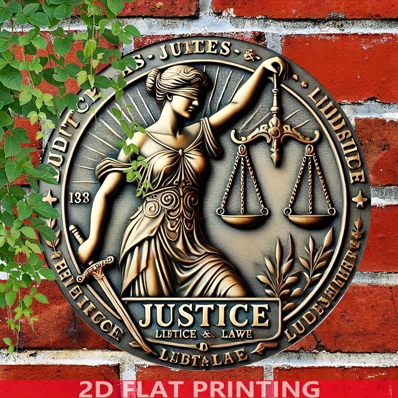 Plaque Métallique Ronde Vintage « Balance de la Justice et Épée » – Décoration Murale Rétro pour Avocat, Avocat en Droit, Cabinet d'Avocats, Maison
