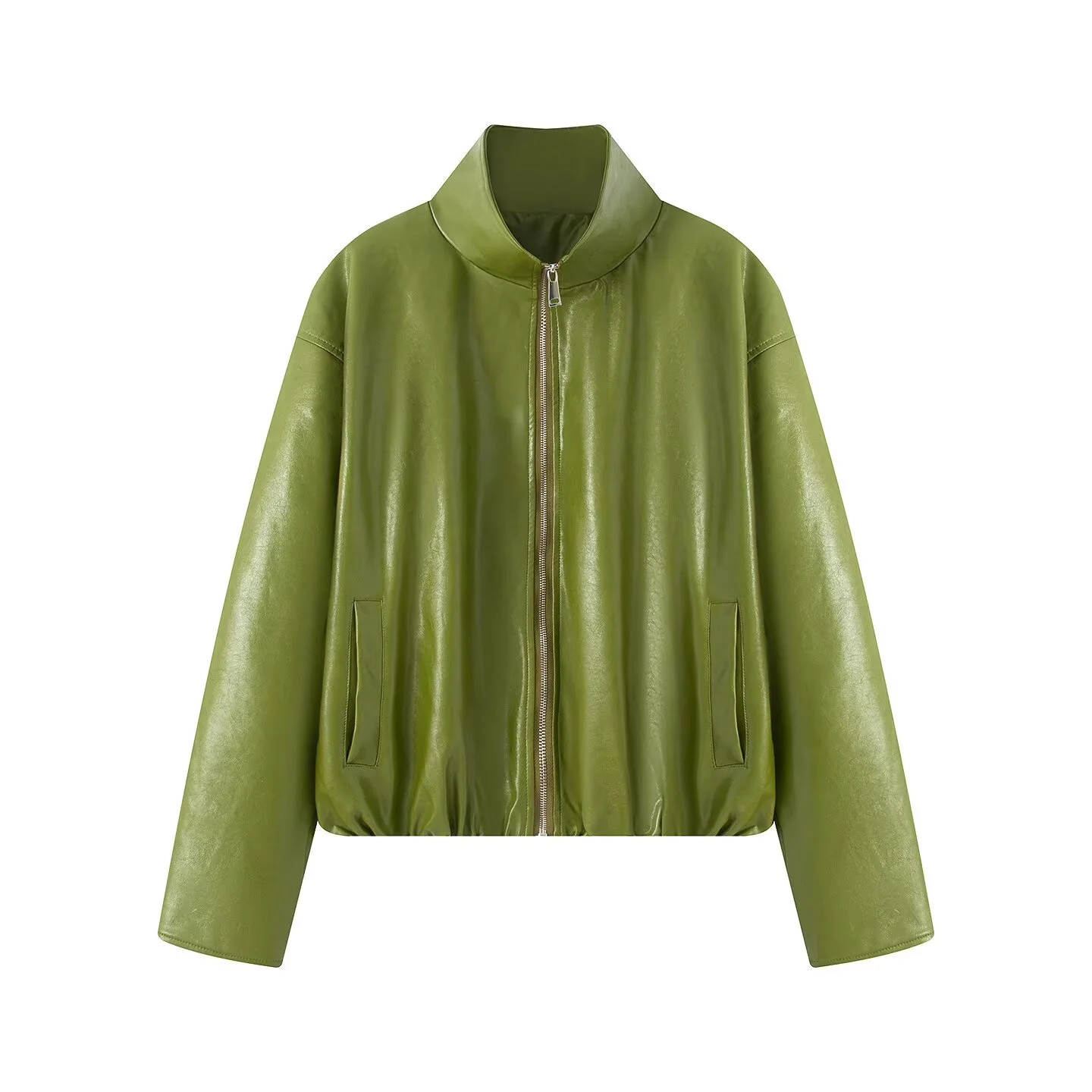 

Осень 2021, новая женская повседневная модная простая высококачественная тонкая куртка из искусственной кожи с воротником-стойкой и длинными рукавами