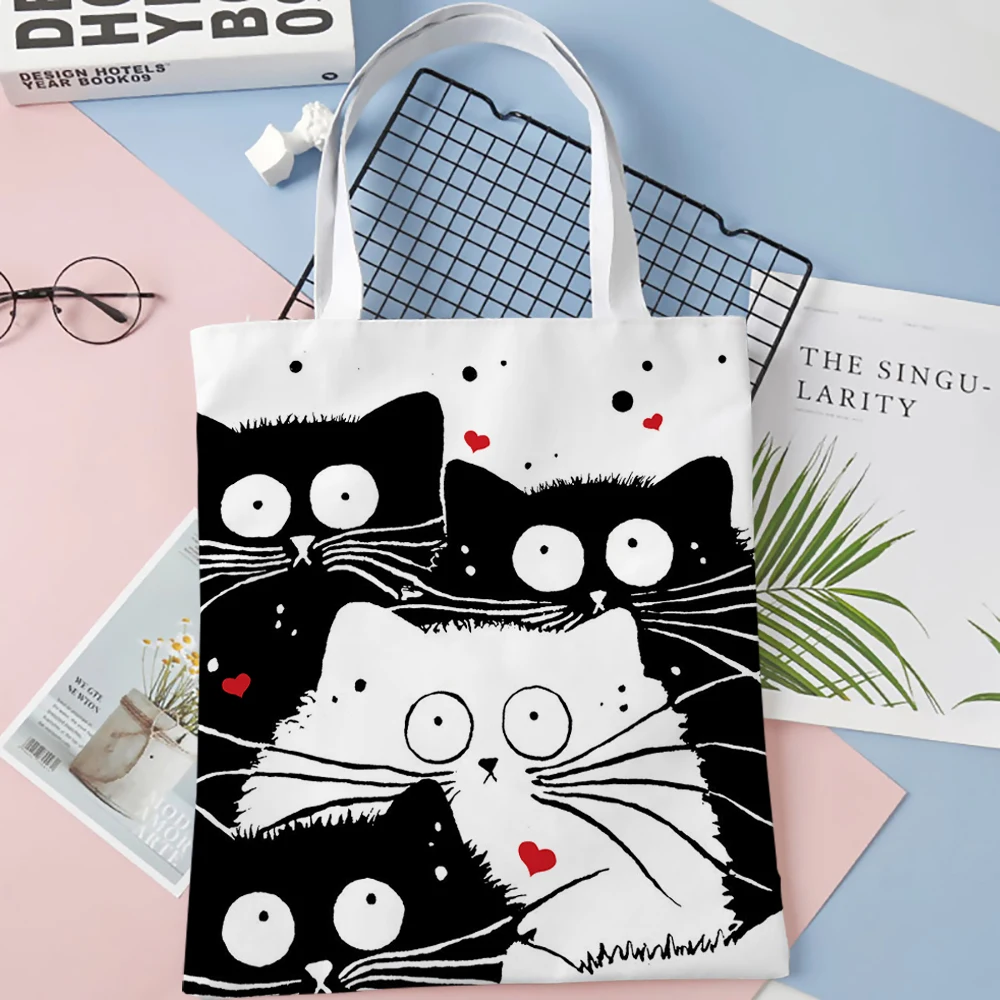 Simpatico gatto Shopping Generi alimentari Riutilizzabile Regalo per ragazza della scuola Borsa tote in lino Andeiltech per donna Estetica senza