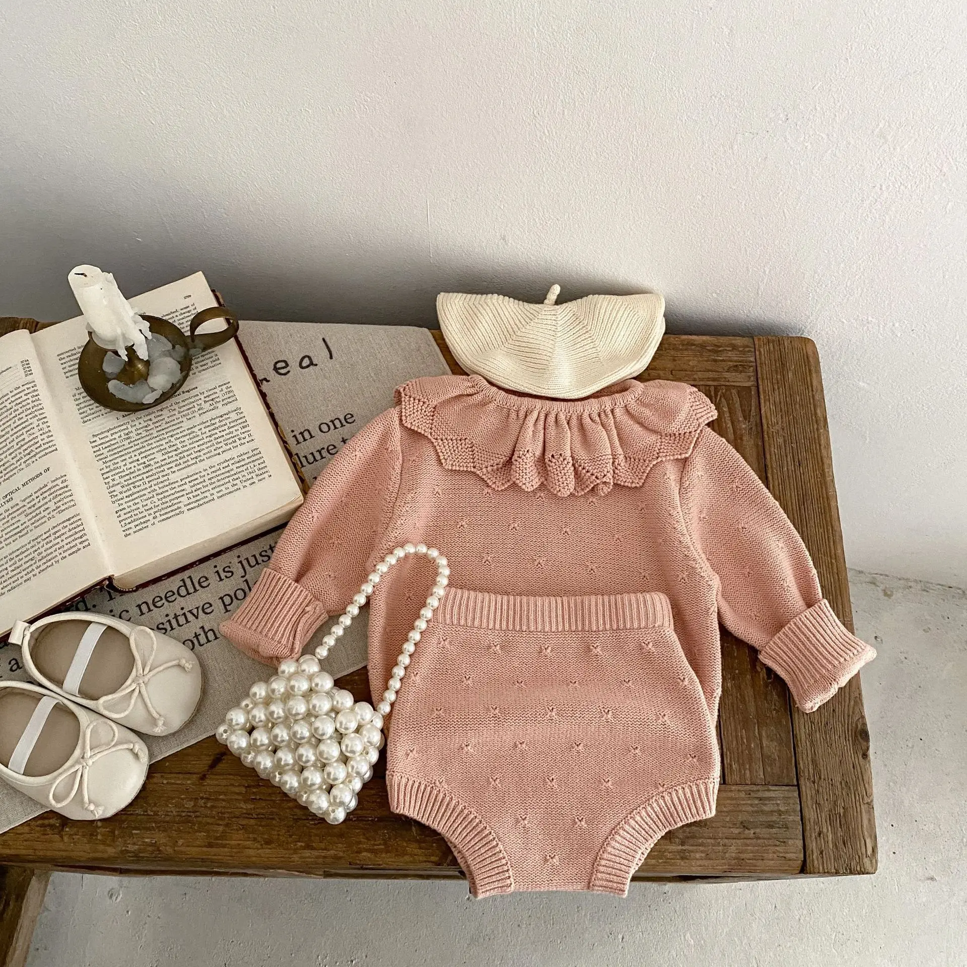 

Spring And Autumn Baby Clothing 2-Piece Set Of Female Baby Ruffle Collar Long Sleeved Top And Knitted Buttocks Pants