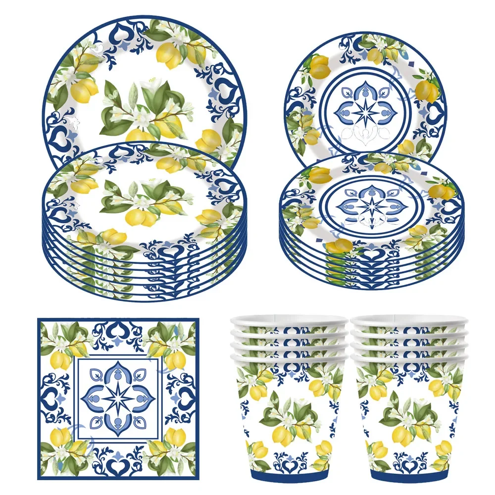 60 Piezas de Decoración de Cumpleaños con Diseño de Limón Azul, Vajilla Desechable Elegante, Platos y Vasos de Papel, Artículos para Fiestas de Adultos, Dolce Vita