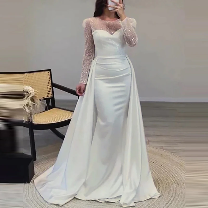 Women Chic Long Sleeve Full Length Party Dress Elegant Satin Sequin Stitching Dress Luxury Glitter High Waist Gala Evening Dress