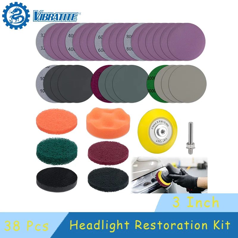 38 Pcs 3 Inch Car Headlight Restoration Kit with Sanding Discs Scouring Pads Polishing Sponge Pads Suitable for Cleaning Car