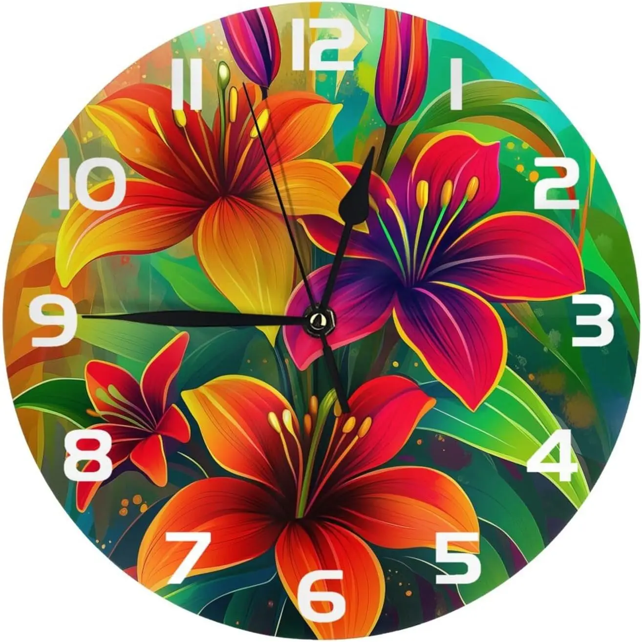 Orange Green Flowers Wall Clock 10 Inch Silent Non Ticking Wall Clocks Battery Operated Wall Decorative Clock for Kitchen Office