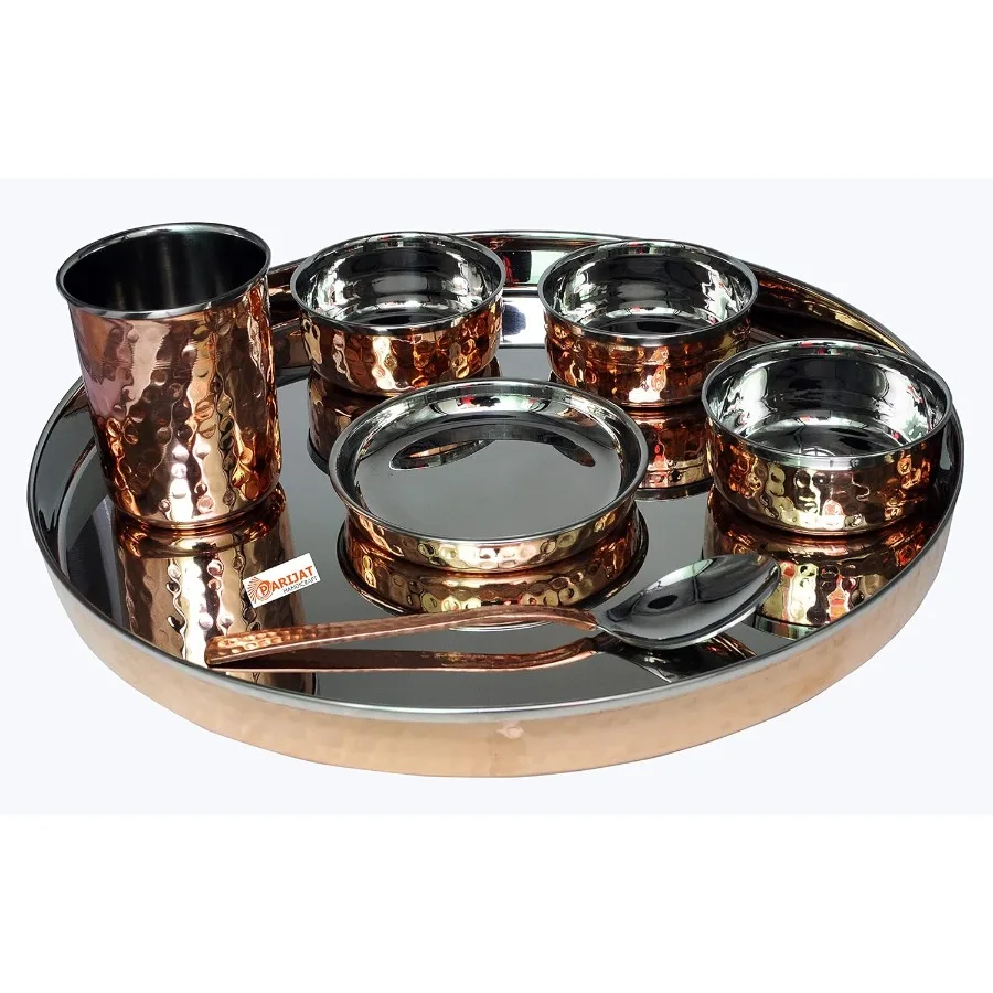 Pack Of 2 Set Stainless Steel Copper Traditional Dinnerware Set Of Thali Plate Bowls Glass And Spoon Diameter 13Inch
