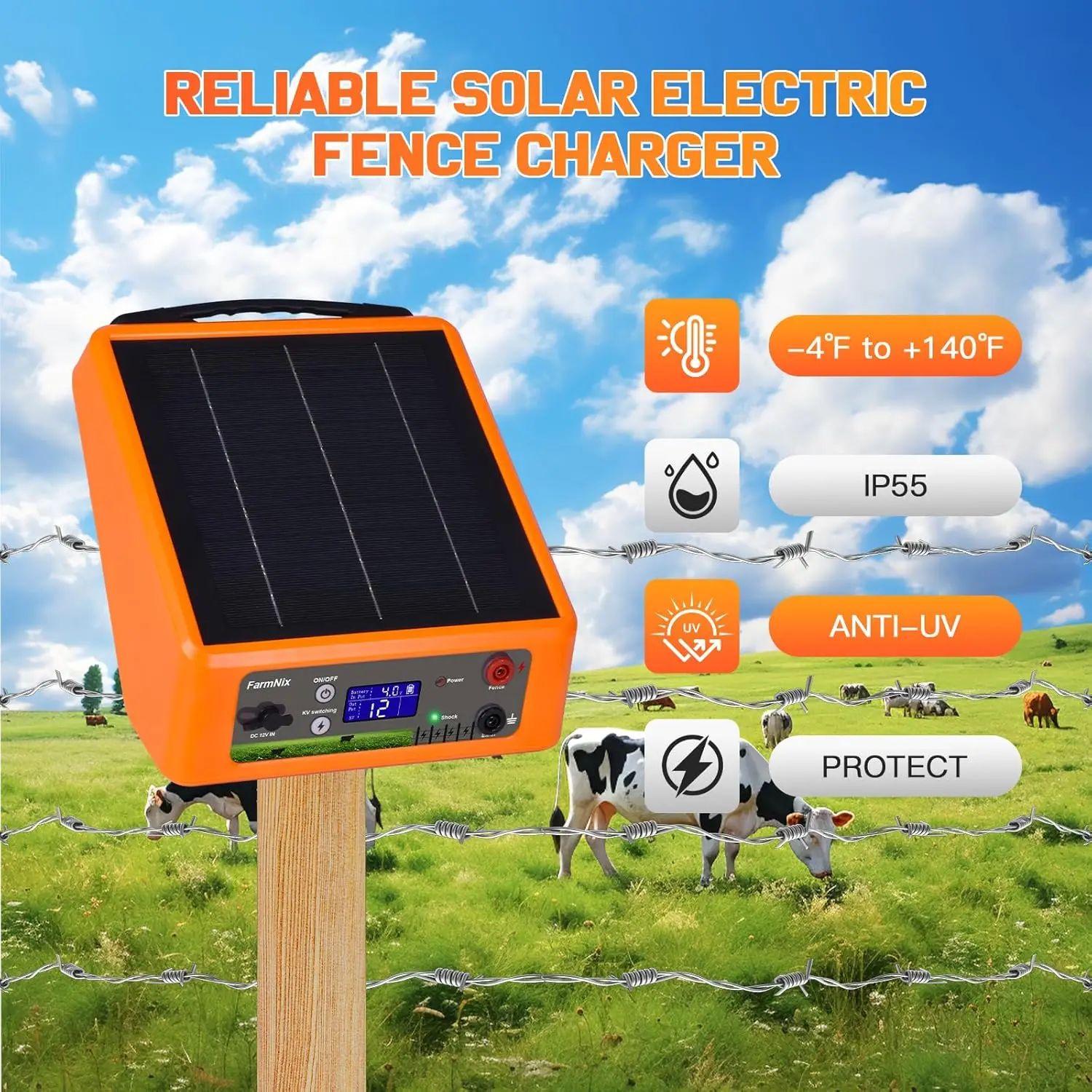 20 Miles Solar Electric Fence Charger 6-12KV 0.3-2.0 Joules Powerful for Livestock Garden Predator 24H Uninterrupted Protection