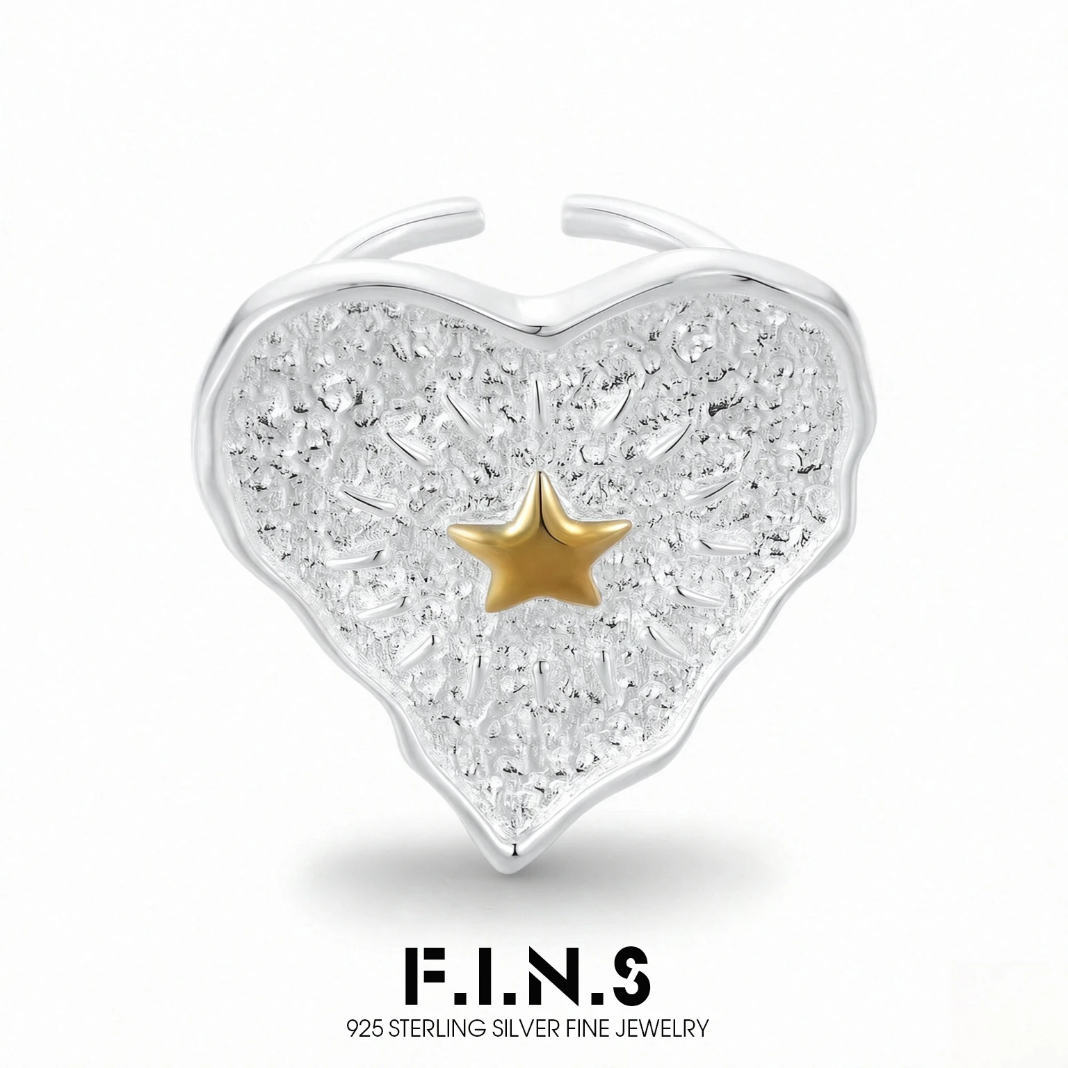 F.I.N.S Original S925 Sterling Silver Heart-Shaped Ring for Women Open Large Uneven Heart Star Wide Band Finger Fine Jewelry