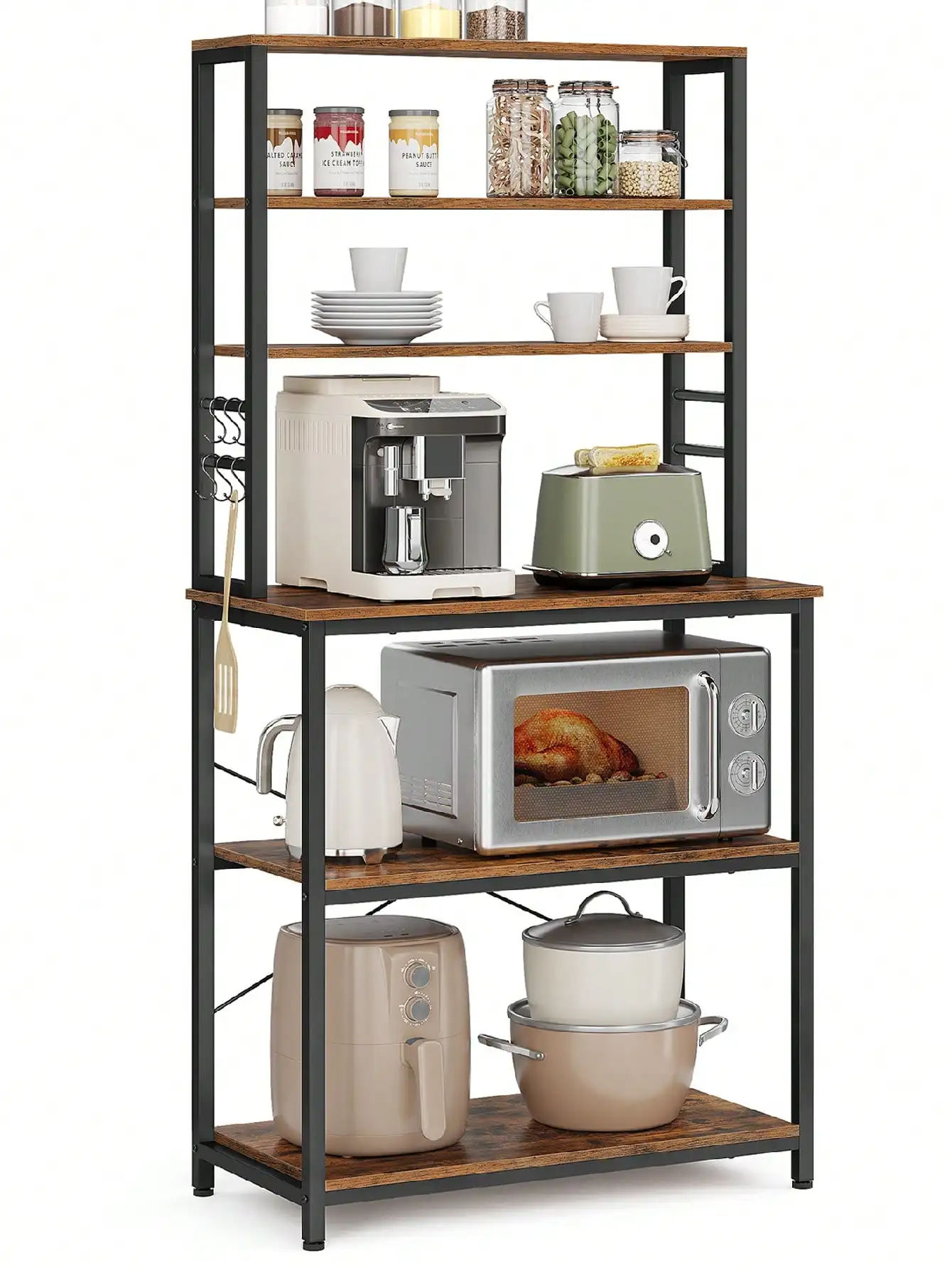 

Microwave Oven Stand, Kitchen Tall Utility Storage Shelf, 6 Hooks And Metal Frame, Industrial, 15.7 X 31.5 X 65.7 Inches