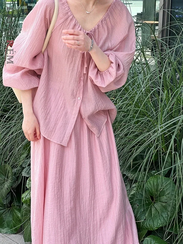 

LANMREM Sweet Two-piece Set Women O-neck Long Sleeves Drawstring Tied Tops With Elastic Waist Skirt 2024 Summer New 2Z1767