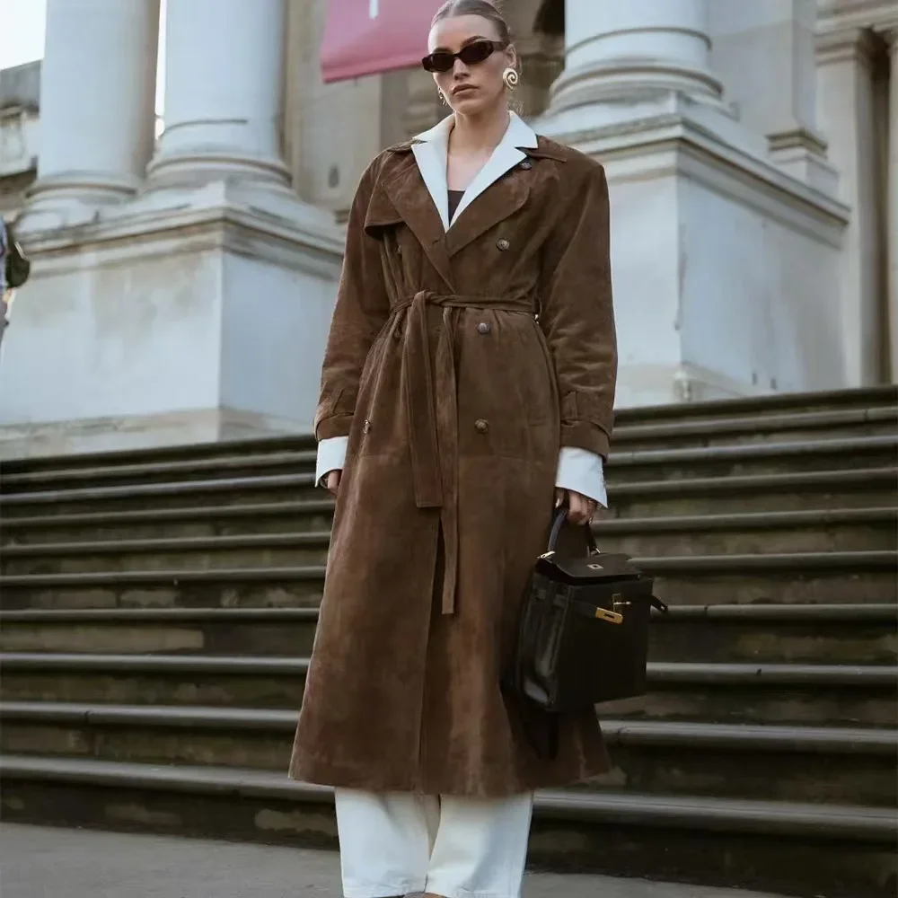 Veste longue à double boutonnage pour femme, manteau classique élégant, revers marron, vêtements d'automne et d'hiver