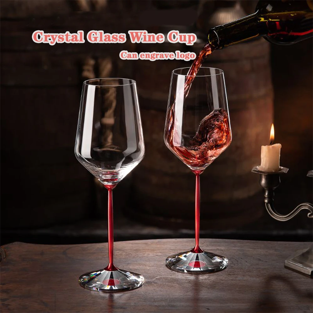 (Can Engrave Logo) 430ML Red Wine Glass, Crystal Base, Metal Stem Wine Cup, Household Goblets, Wedding Cups, Champagne Glass