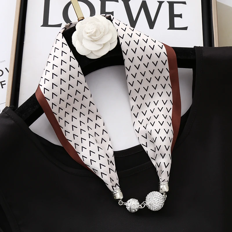 Spring Autumn Fashion Elegant Neck Decoration Rhinstones Ball Magnetic Snap Silk Scarf Letter Printed Women Small Neckerchief