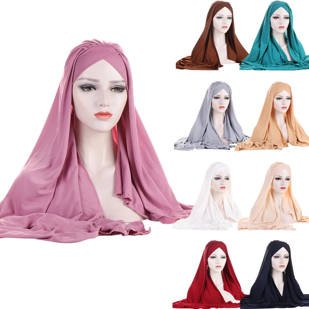 

2024 New Women Jersey Scarf Soft Plain Instant Hijab Shawls and Wraps foulard femme Muslim Hijabs Ready To Wear Headscarf