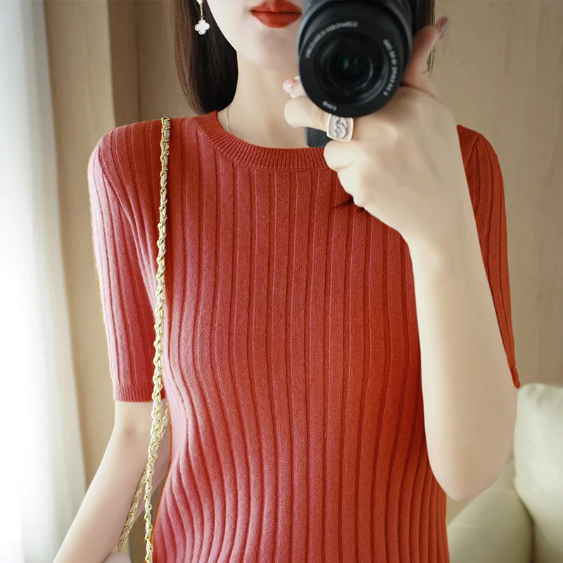 Suéteres de punto de Cachemira con cuello redondo para mujer, jersey de manga corta, Tops informales sólidos