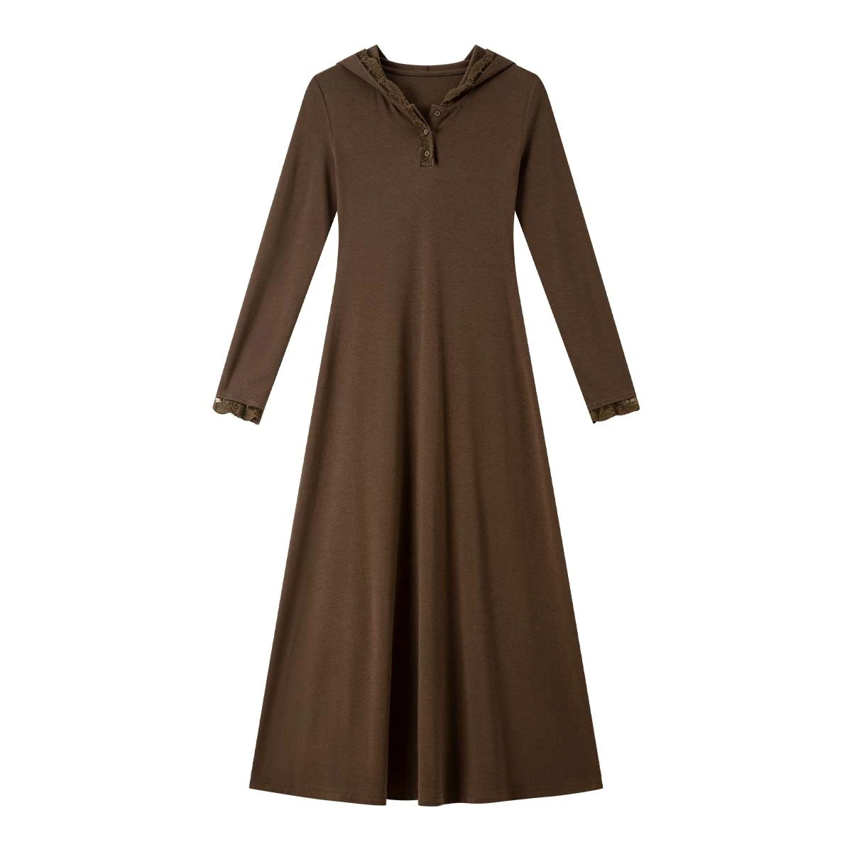 VIMLY Bruin Midi vrouwen Elegante Jurken 2025, Herfst Kant Capuchon Jurk Lange Mouw Slanke Dames Jurk Vrouw Kleding A2023