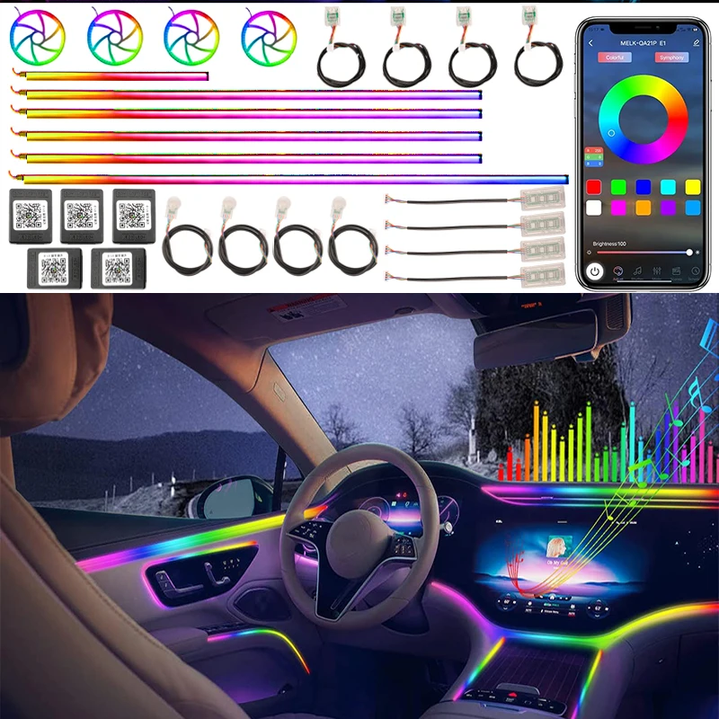 

22in1 Car Symphony Acrylic Ambient Lamp Strip LED Remote App Control Auto Interior Accessories 64 RGB Rainbow Atmosphere Lights