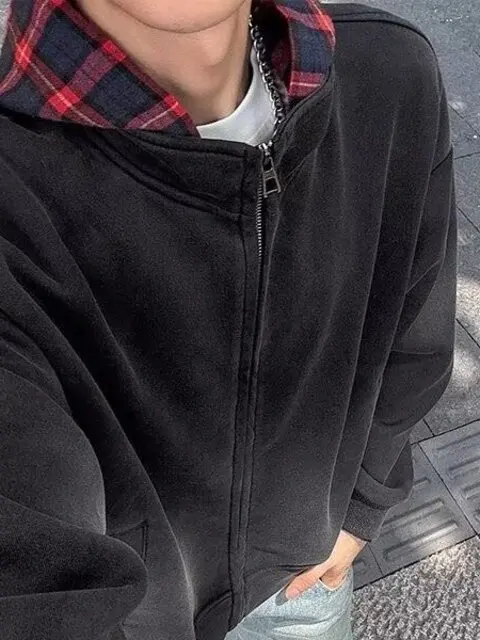 

Plaid Patchwork Hoodie Jaet Men Women Vintage American High Street False Two-Piece Open Cardigan Cleanfit Outerwear