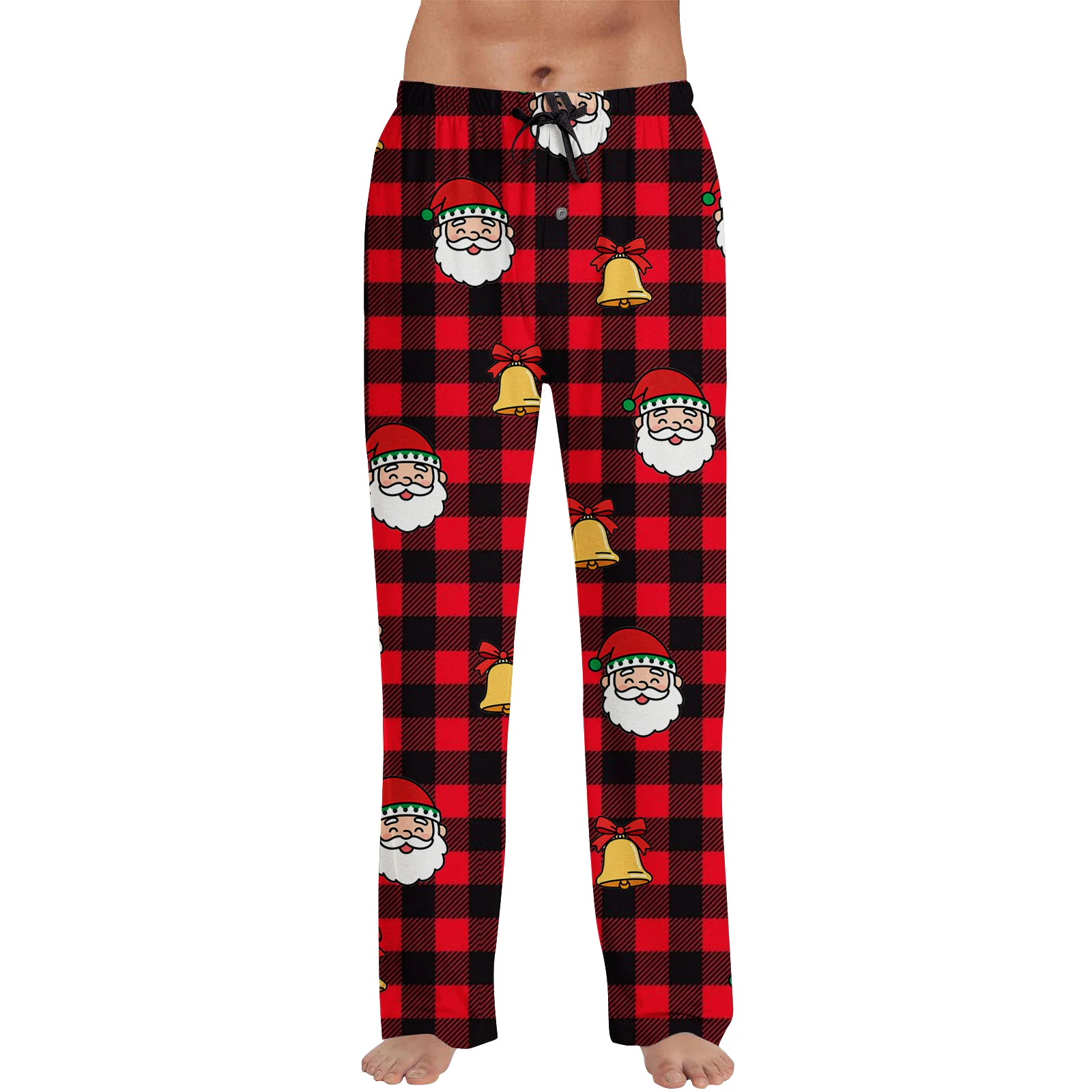 กางเกงนอนลายคริสต์มาสสำหรับผู้ชาย กางเกงลำลองทรงตรงแบบสบายๆ กางเกงขายาวลายสก็อตอุ่นๆ กางเกงนอนใส่พักผ่อน