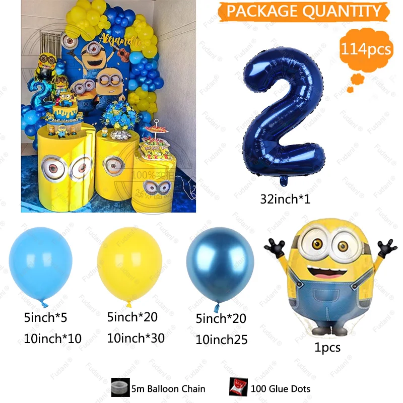 114 Stück Minions-Motto-Party-Ballonbogen-Set, niedlicher Minions-Geburtstag, gelb, blau, Latexball, Kindergeburtstag, Party-Dekorationszubehör