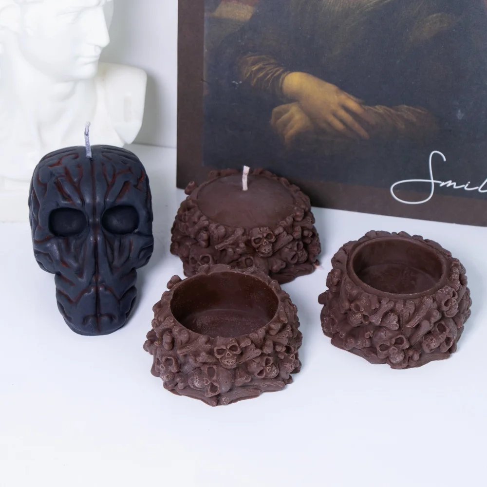 3D Totenkopf Kerzenhalter Silikonform Set DIY Gothic Totenkopf Harz Kerze Seife Gipsform für Halloween Home Party Dunkles Dekor