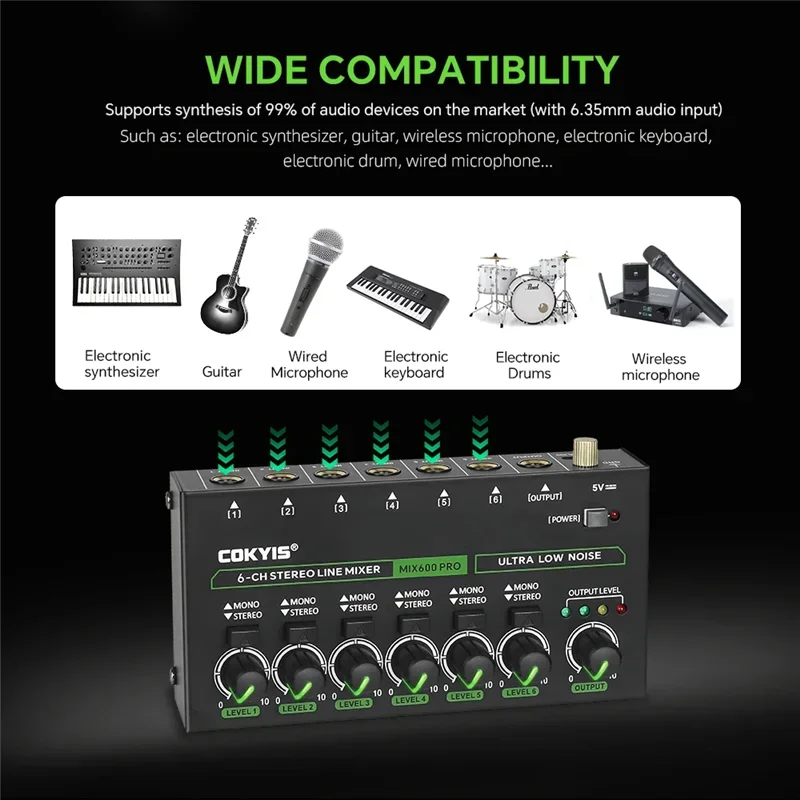 6 Channel Ultra Low Noise Stereo Line Mixer Mini Professional Sound Mixer with RGB Light DC 5V Easy Operation Audios Mixer