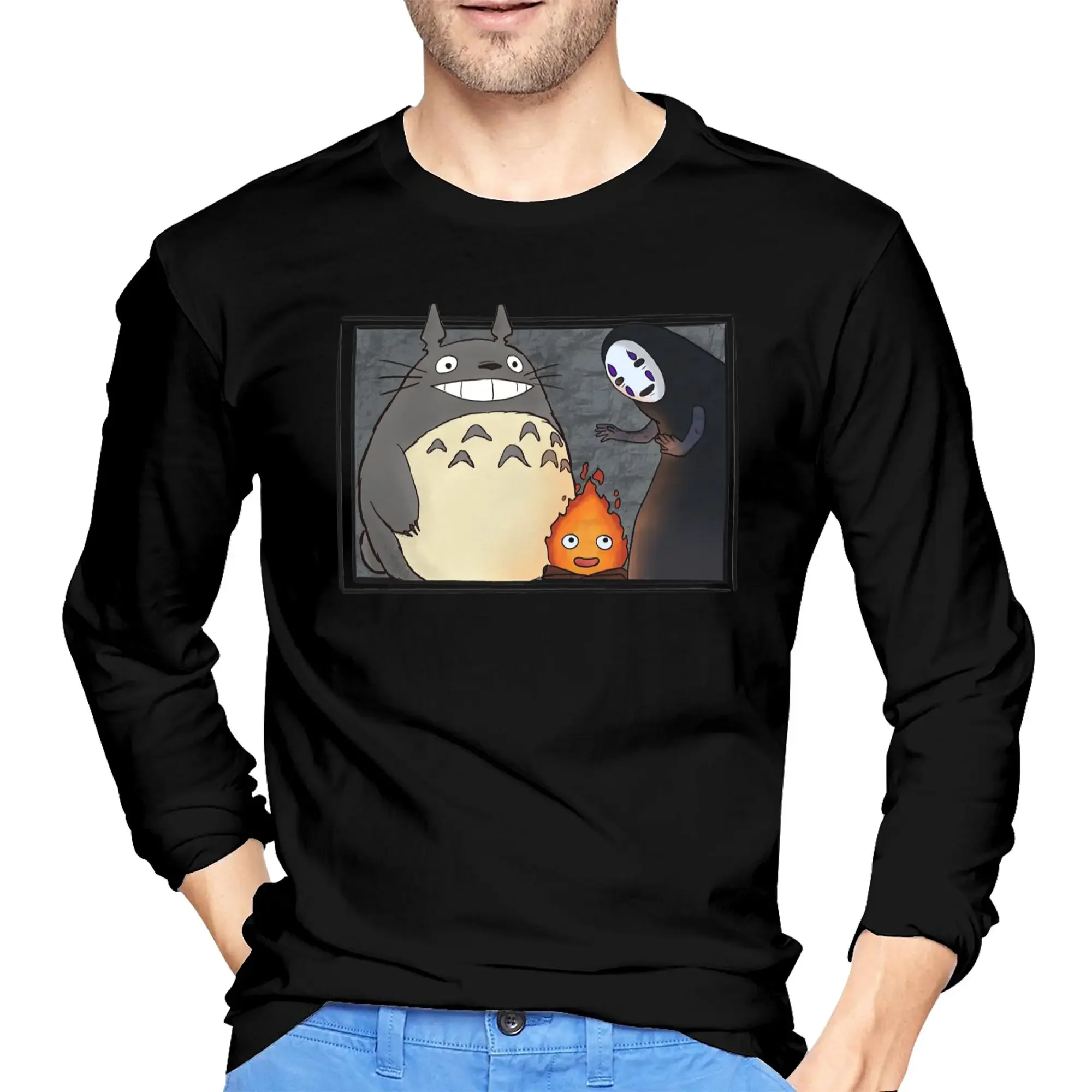 

Three Ghibli friends Men's Long Sleeved T-shirt Casual Round Neck T shirts Spring and Autumn Men tops