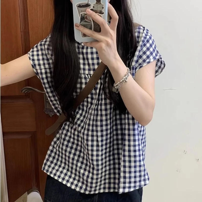 

Retro Sweet Plaid Lapel Short-sleeved Top Simple Short-sleeved Lapel Shirt Ins
