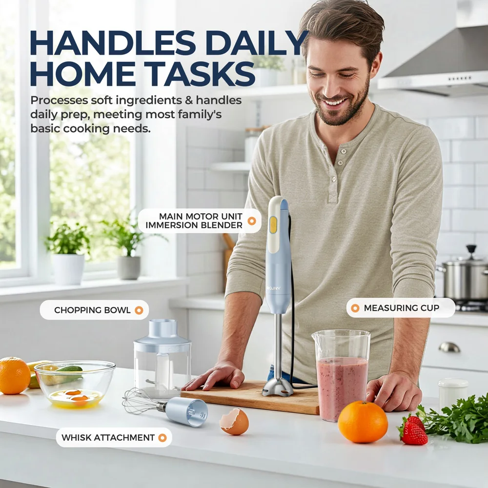 مجموعة خلاطات يدوية 4 في 1، خلاط غمر يدوي مع شفرات من الفولاذ المقاوم للصدأ لخلط طعام المطبخ، أزرق فاتح مبتدئ