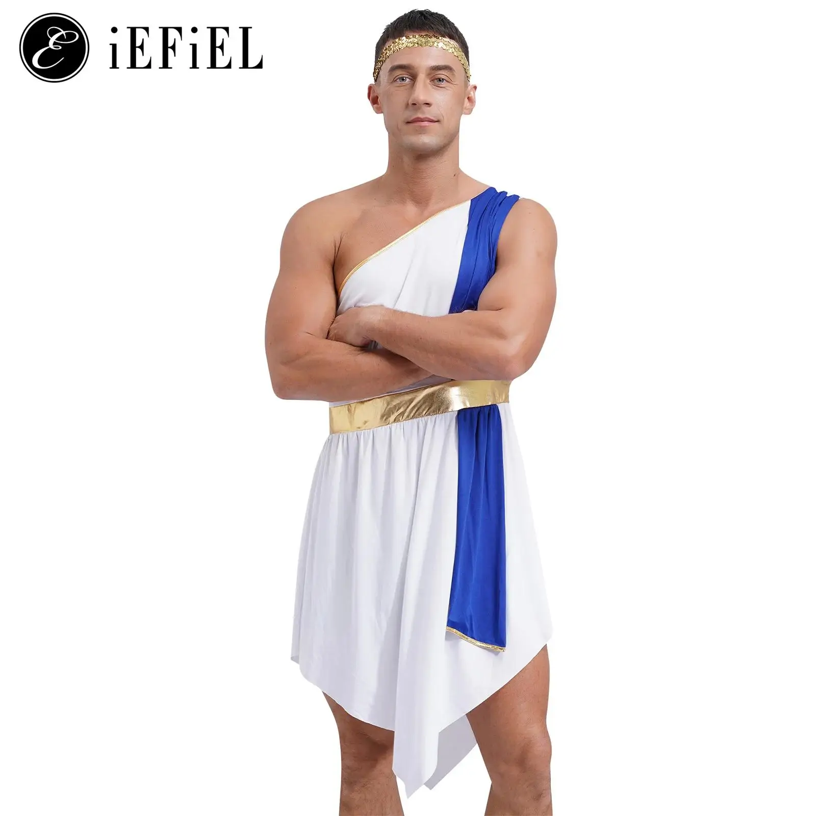 Mens Roman Greek Toga Costume One Shoulder Robe with Headwear Ancient Roman Senator Caesar Imperial Empress Fancy Dress-up