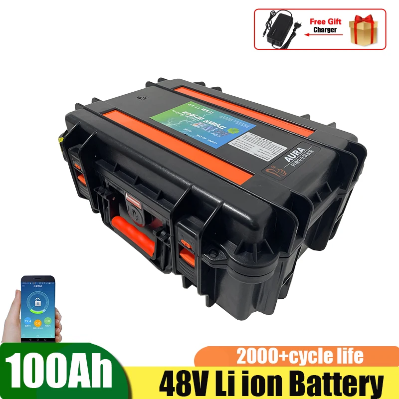 

Lithium Ion 48V 100AH Battery Pack not 48V 200AH Li ion BMS for 4500W Scooter Bike EV Golf Cart Inverter Solar + 10A Charger