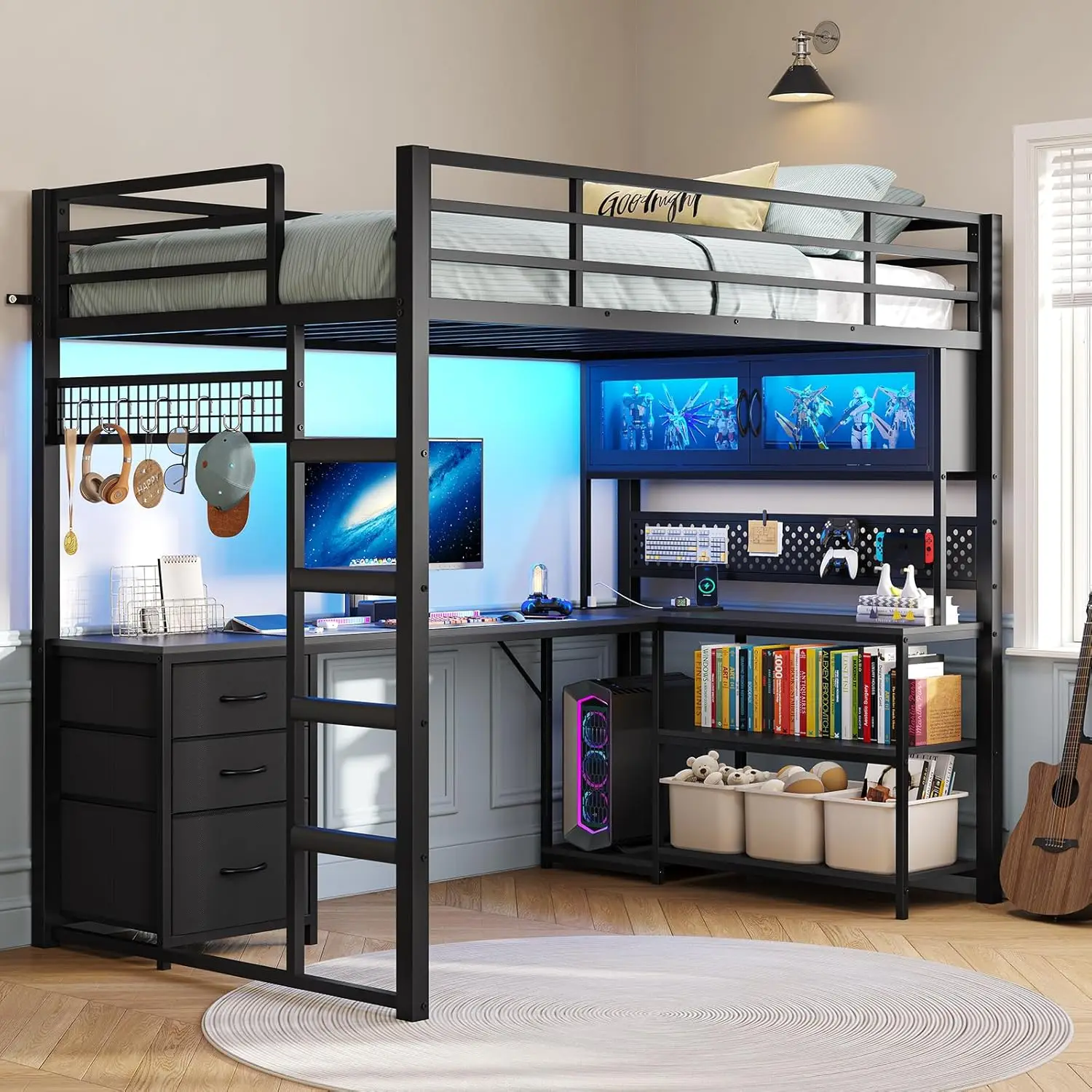 Twin Loft Bed with L-Shaped Gaming Desk, Storage Drawers, Hutch, Power Outlet & RGB Lights - view 6