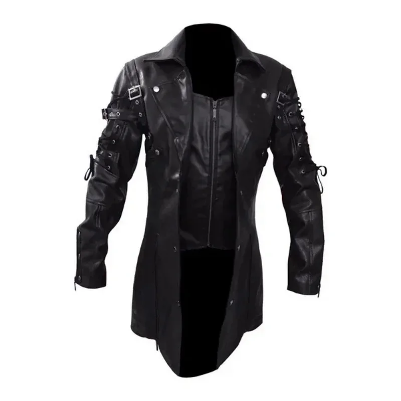 Punkowy płaszcz męski ze sztucznej skóry PU trencz średniowieczny goth wiosenny jesienny top streetwear vintage Gothic Moto biker znosić płaszcze