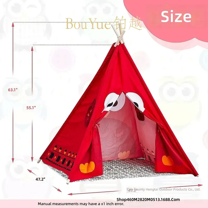 Kids Teepee Tent Cotton Canvas Playhouse for Boys Girls Indoor Outdoor Activity Red Triangle Tipi House Children Game Castle