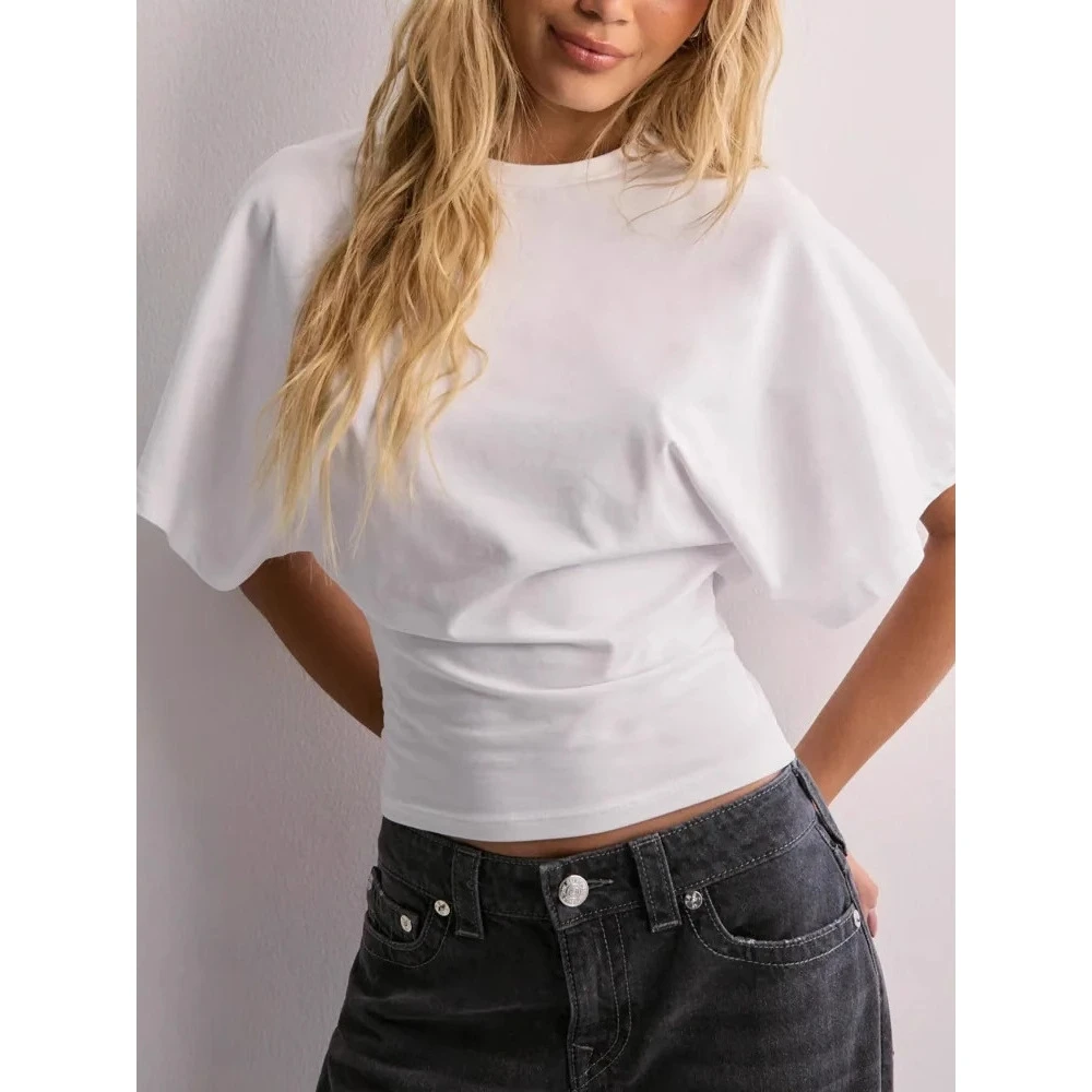 Summer New Style round Neck Short Sleeve T-Shirt Pure Color Short Length Korean Design Women's Fashionable Loose Fit Cotton P...