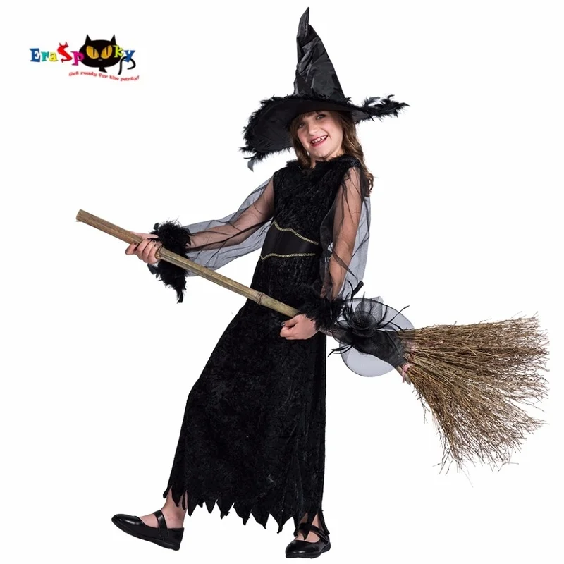 

Girl Flying Feather Witch Halloween Costume Kids Black Transparent Sleeve Dress With Hat Set Carnival Easter Purim Fancy Dress