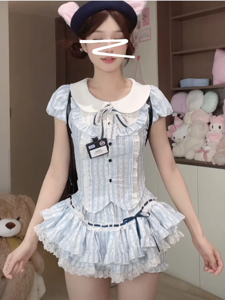 

Sweet Lace Splice Polka Dot Doll Collar Top And Short Skirt Two Piece Set Spring Summer Striped Bubble Sleeve Princess Style