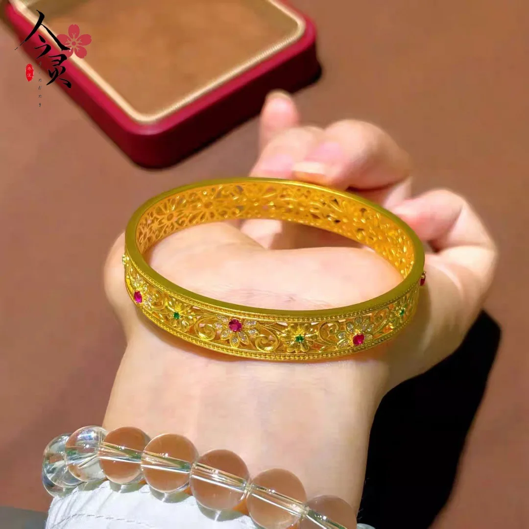 

Роскошный браслет из чистого золота 24K 9999 пробы с изображением весеннего цветочного моря, женский, новый, модный, элегантный браслет.