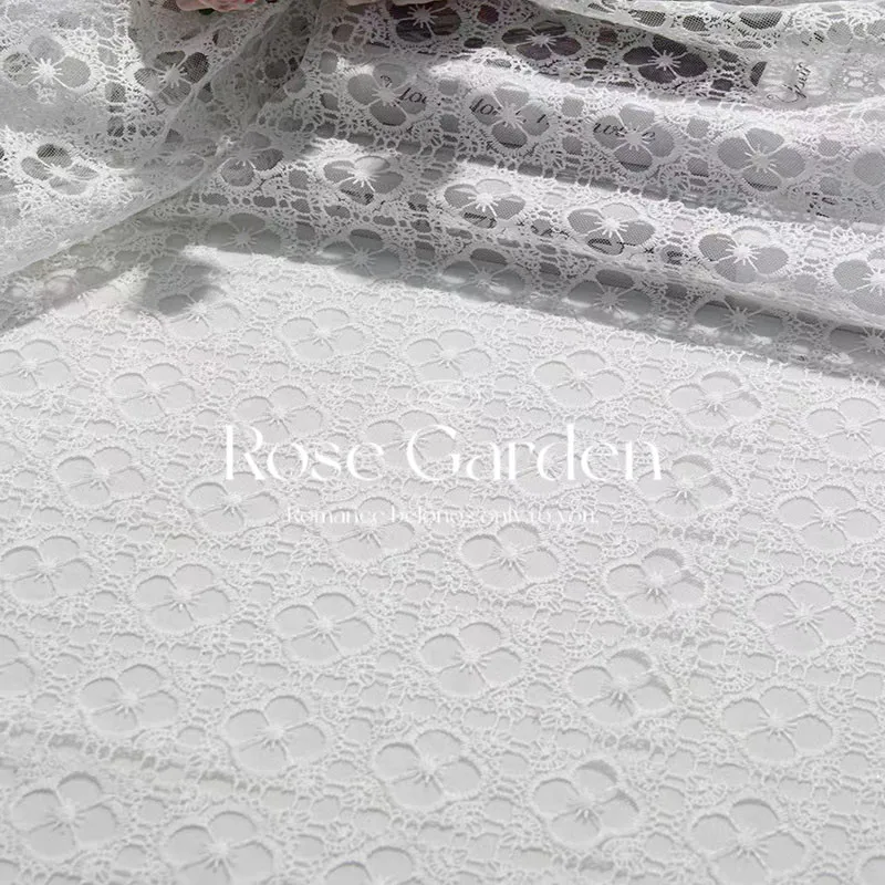 L100XW130CM Embroidered Hollow Out Mesh Fabric Sweet Four Leaf Checkered Premium Sheer Soft for Dress Gown DIY Sewing