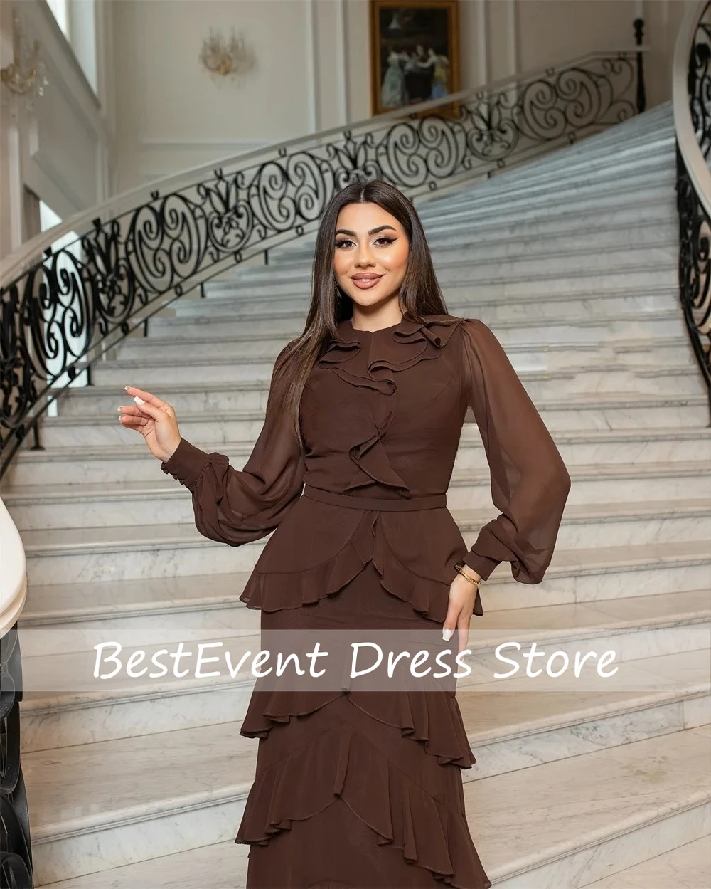 

Customized Chiffon Pleat Tiered A-line High Collar Bridal Prom Dresses Bespoke Occasion Long Sleeve Evening Dresses High Quality