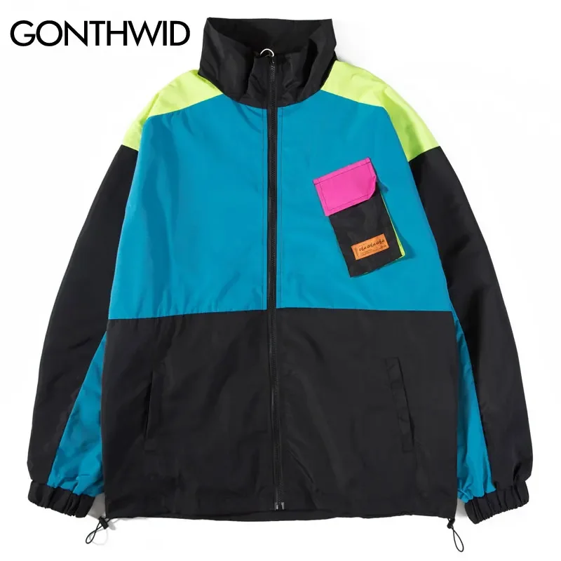 GONTHWID Hip Hop Vintage Track Jacket Streetwear Color Block Patchwork Windbreaker Zip Up Coats 2023 Mens Autumn Waterproof Coat