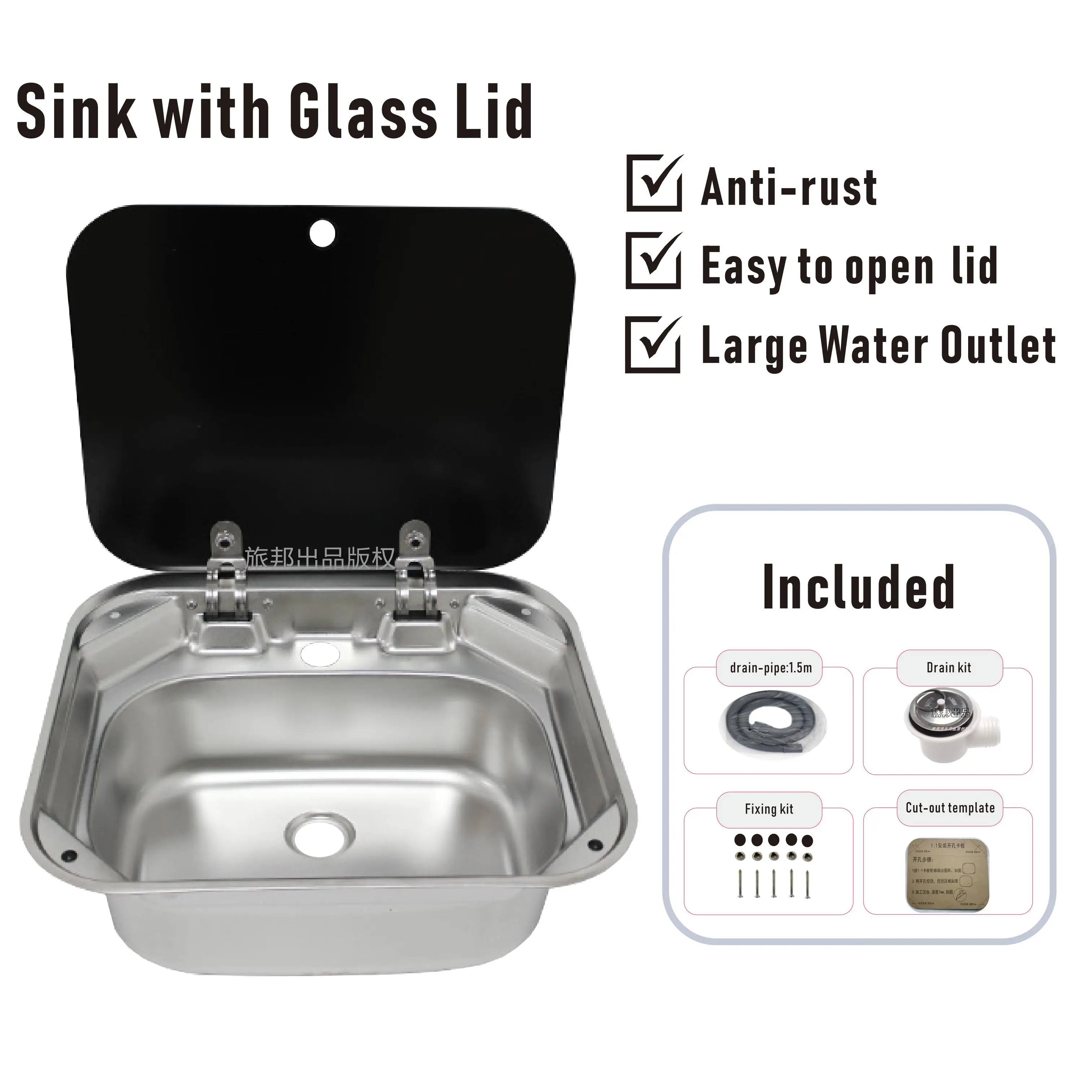 RV Sink With Cover Foldable Glass Lid  for Conversion Camper Car Caravan Sink Motorhome Boat Kitchen Stainless Steel 304 8005