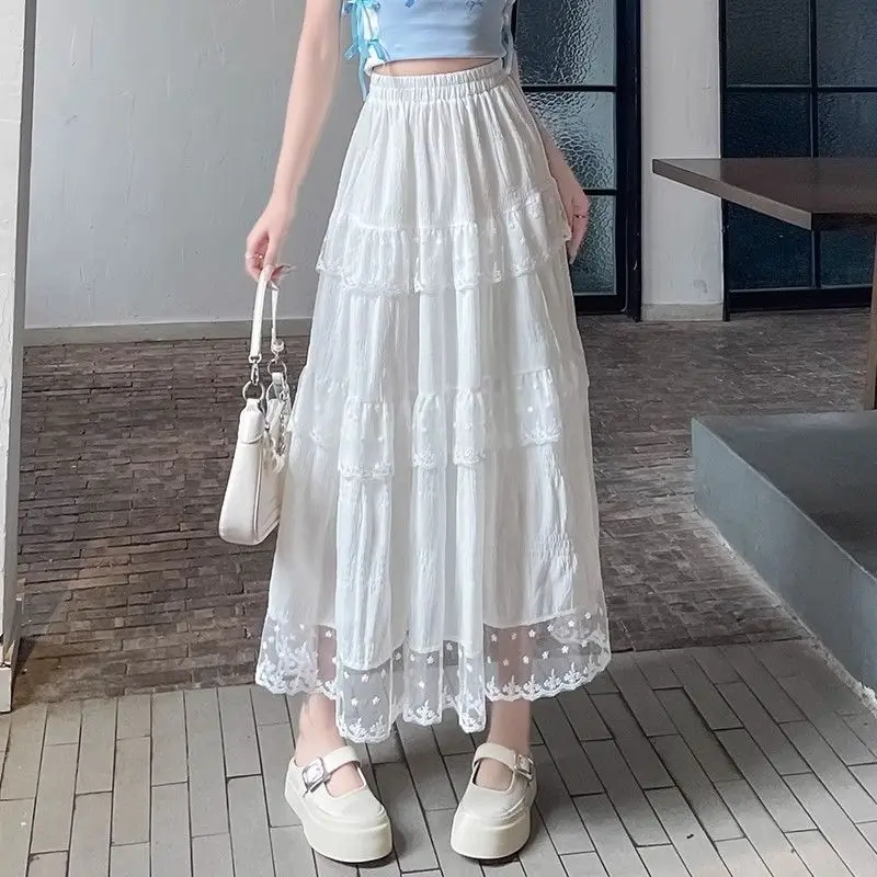 Sweet And Fresh Lace Midi Skirt Women Spring Summer High Waist Flowy A Line Ruffle Maxi Skirt Female