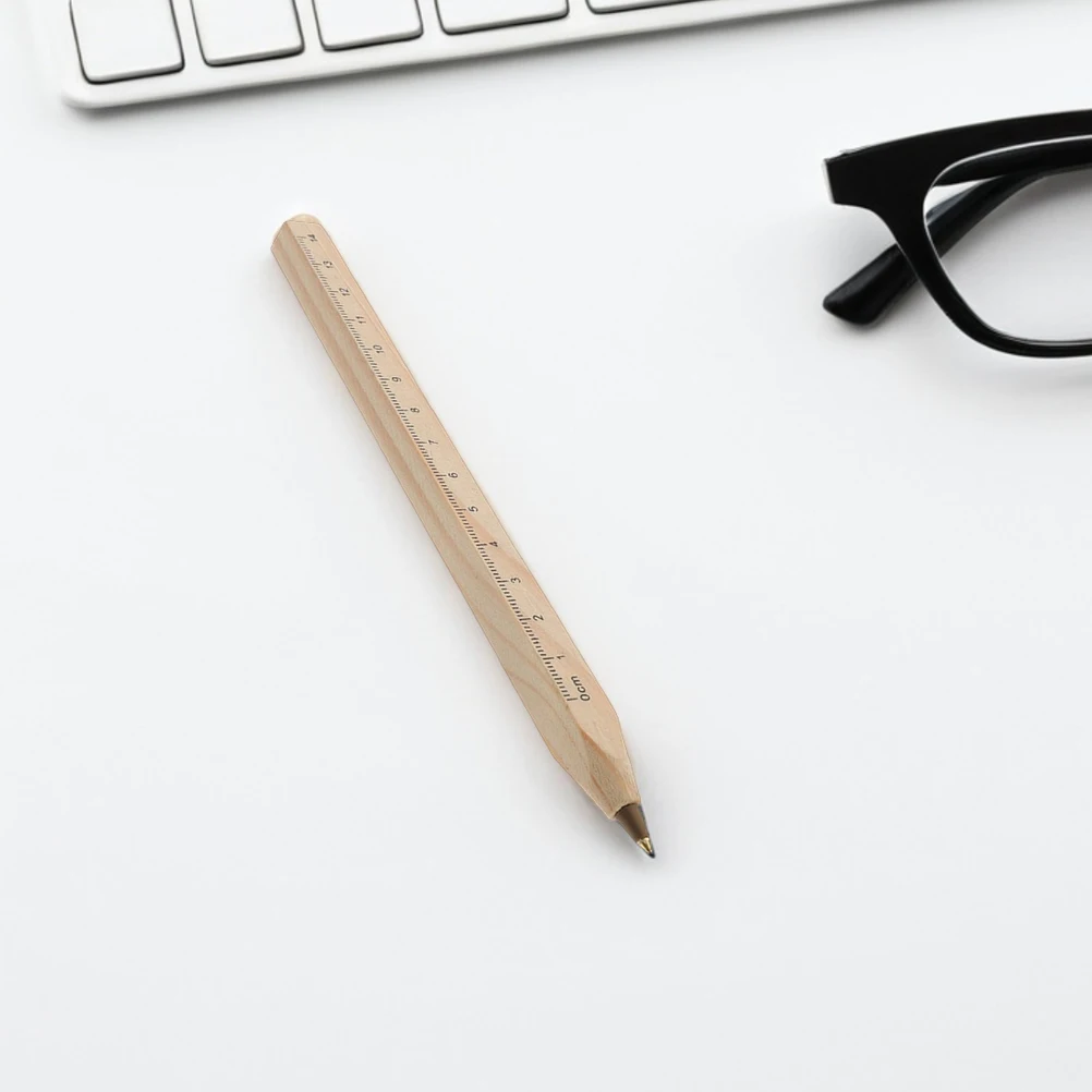 

8pcs Solid Wood Ballpoint Pen Square Shape Ruler Function Refillable Beige Color Wooden Pens Office Student Art Supplies