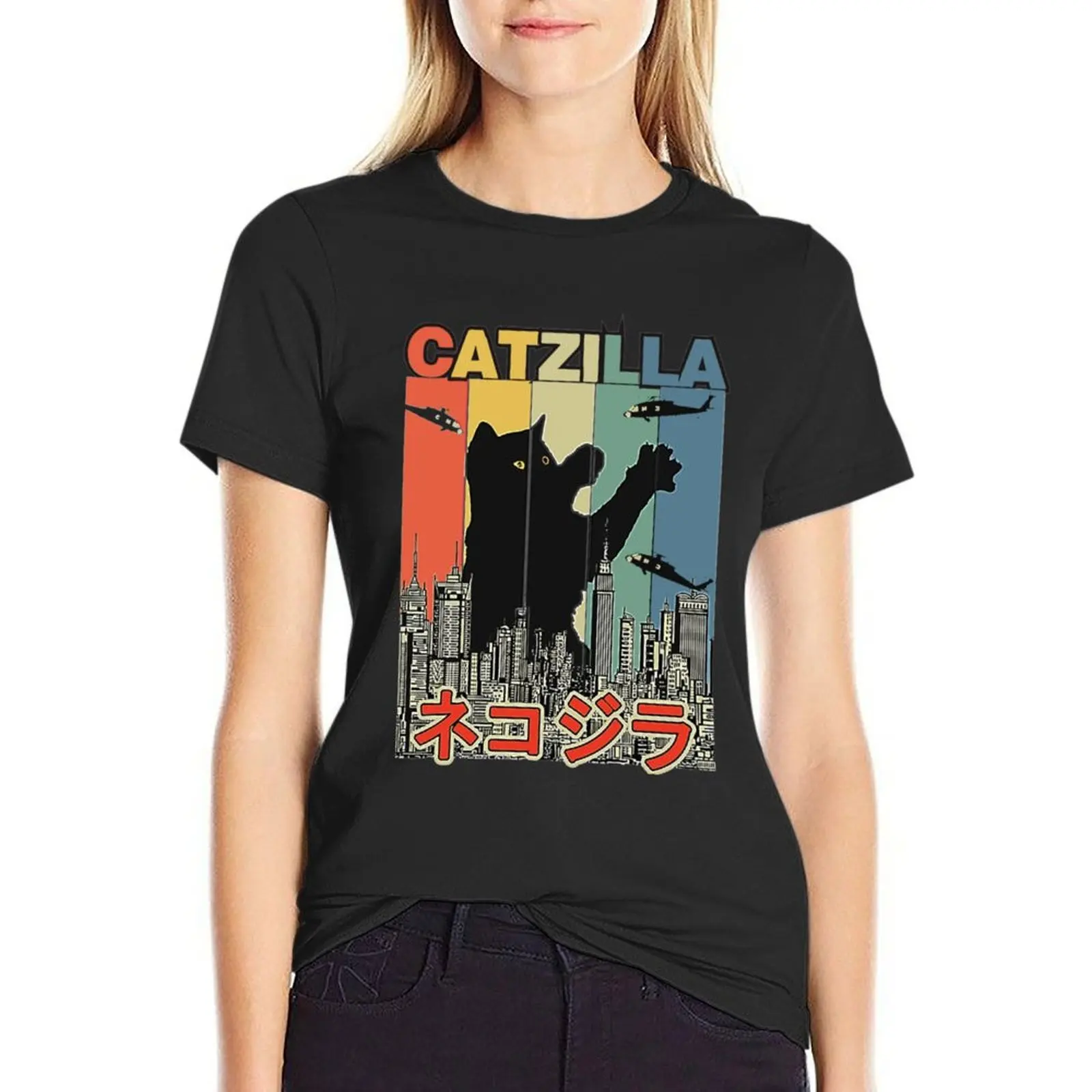 Catzilla Japanese Funny Retro Catzilla T-Shirt quick drying vintage clothes Blouse funny tshirts for Women