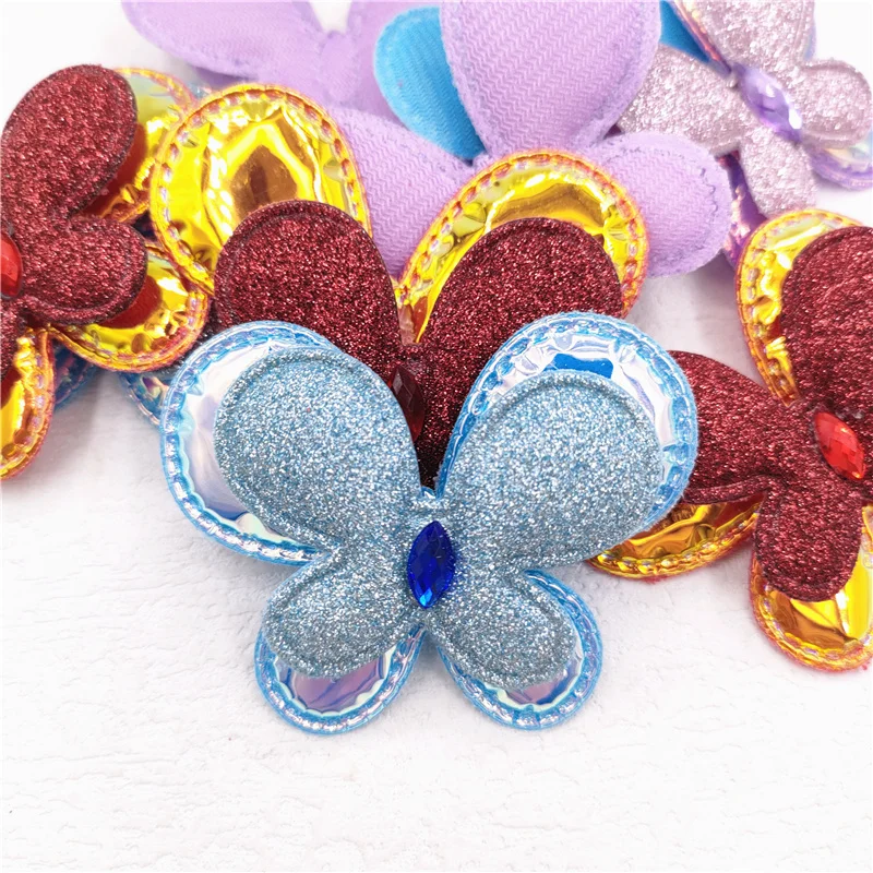 10 Pçs/lote 6*5 CENTÍMETROS Borboleta Brilhante Acolchoado Apliques Para Decoração Headwear Handmade Acessórios Para o Cabelo Clipe