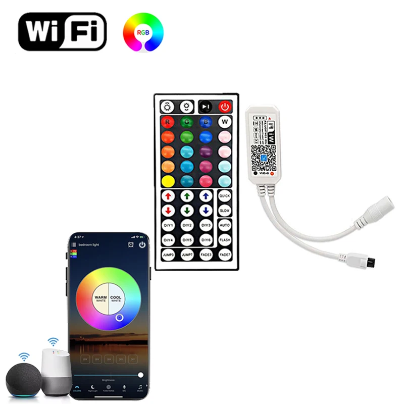 

Контроллер освещения Wi-Fi RGB, 4-контактный контроллер светодиодных фонарей RGB, умный контроллер, 44 клавиши, светодиодный контроллер RGB, изменение цвета Magic Home
