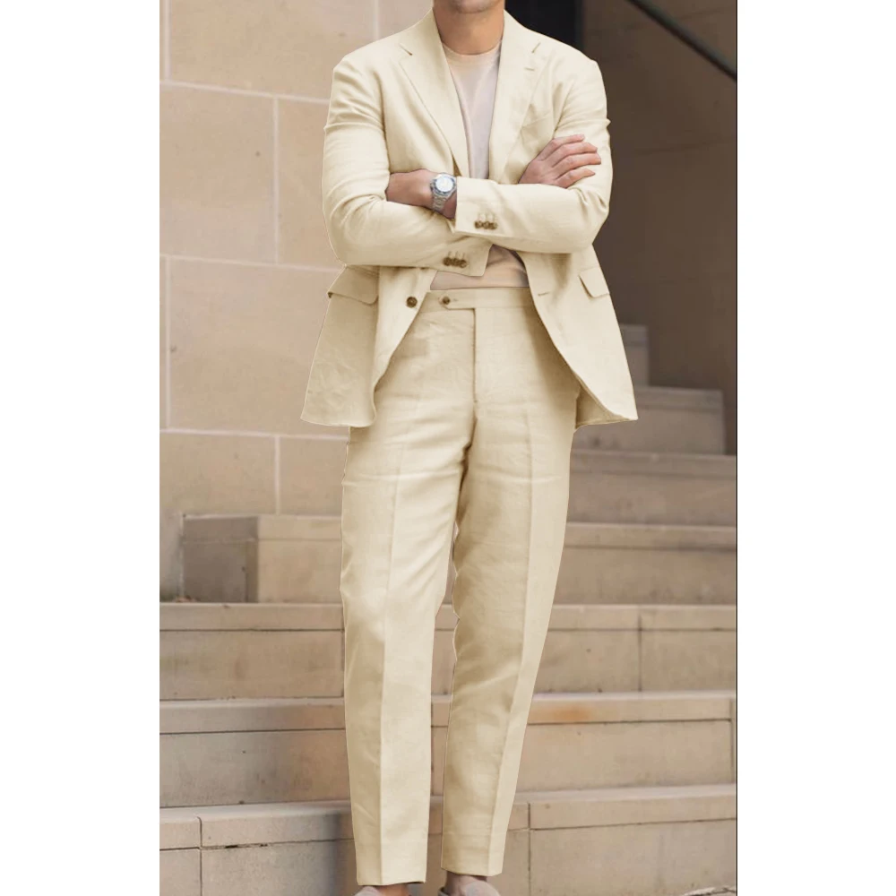 2024 New Men\'s Suit Two-piece Suit Linen Fabric Summer Breathable Groom\'s Dress Slim Elegant and Fashionable Fashion Suits Man